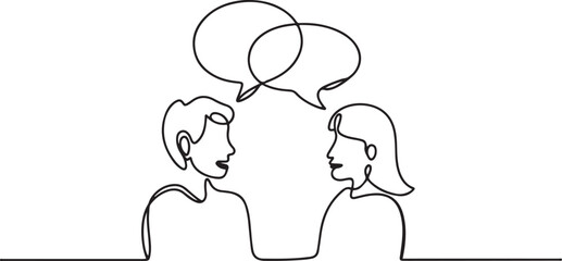 Continuous Line Drawing Two People Connected Speech Bubbles. one line Icon drawing with white background