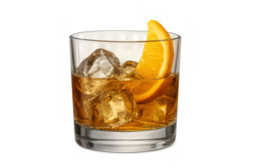 Old fashioned cocktail with whiskey and ice, garnished with an orange slice, isolated on transparent background