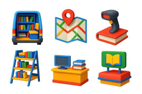 Set of six cartoonish images of office furniture and electronics