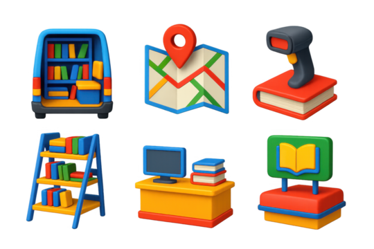 Set of six cartoonish images of office furniture and electronics