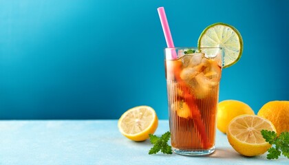 tall glass with iced tea pink straw citrus garnish on light blue backdrop