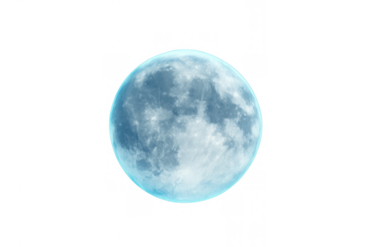 Blue full moon representing celestial body, astrology, fantasy, and science fiction concepts with transparent background