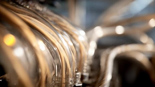 Medium shot capturing oilcooled wires wrapped in translucent tubing highlighting fluid circulation