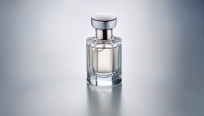 stylish transparent glass perfume bottle with silver cap on light gray background