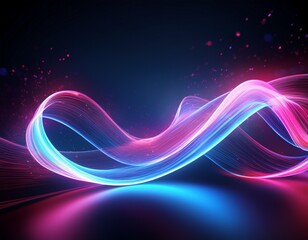 abstract neon ribbon design with glowing pink and blue lines on a dark background with particle effects