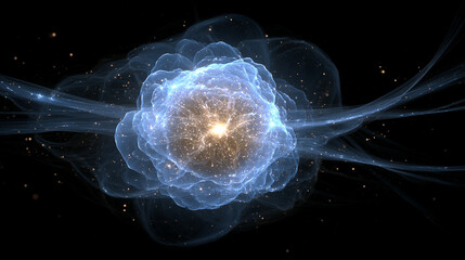 Glowing single particle suspended in dark space emitting radiant light and subtle energy representing isolation, focus, cosmic minimalism, and abstract futuristic digital visualization