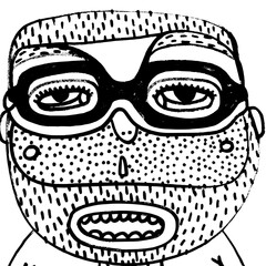 Unique character with glasses and beard showing a playful expression in bold black and white art style