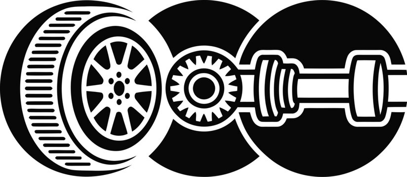 Automotive wheel gear and axle illustration featuring mechanical components, bold monochrome styling, and industrial engineering elements perfect for repair, workshop, and vehicle design themes.