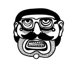 Unique black and white illustration of a stylized face with glasses and a mustache