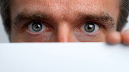 A man's intense eyes peek over a plain white sign, creating a sense of mystery and intrigue. The image is a close-up, focusing on his expressive gaze. Copy space