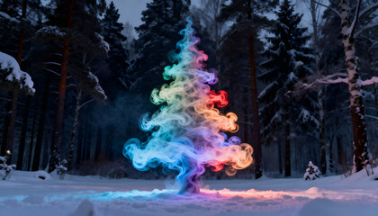 Christmas tree formed from swirling smoke in cold air. Atmospheric artistic effect.