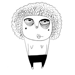 Unique cartoon character with curly hair showcased in a creative and quirky art style on a blank background