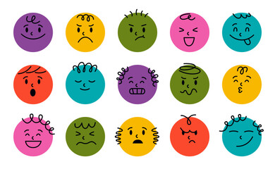 Set of Doodle Round Faces with Different Emotions.