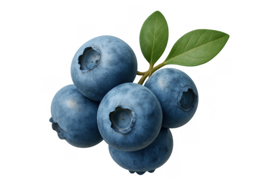 Blueberries showing freshness with green leaves, a cluster of healthy raw fruit on a transparent background