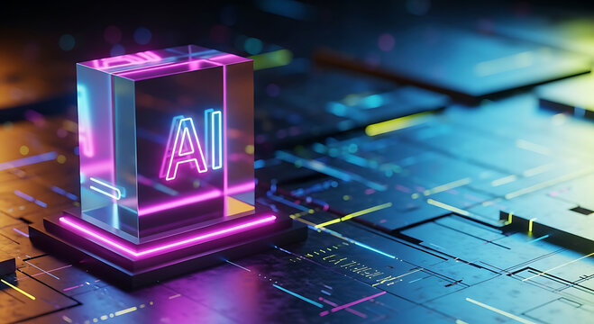 Glowing A I cube on futuristic circuit board with neon lights artificial intelligence