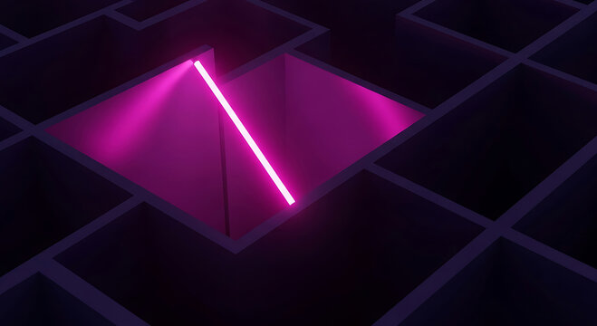 Pink neon light illuminating dark geometric maze abstract background - Powered by Adobe