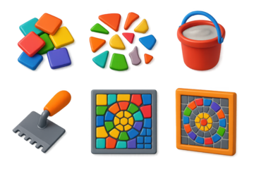 Vibrant Mosaic Tools. 3D icon set of mosaic art: colorful tiles, ceramic fragments, adhesive bucket, grout trowel, mosaic pattern,