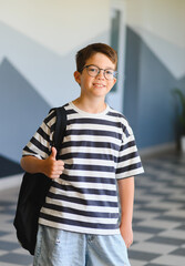 Fototapeta premium Smiling student showing thumbs up in school hallway