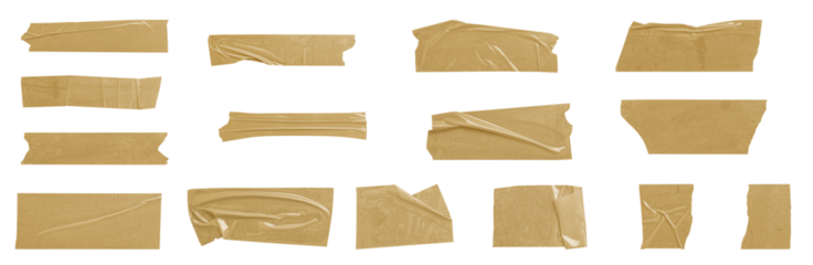 Realistic brown adhesive tape strips. Set of wrinkled, crumpled, and torn packing tape pieces.