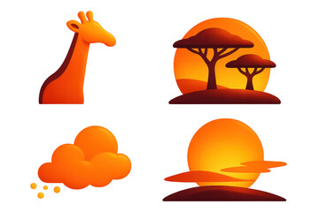 Savannah Sunset Icons. 3D icon set of sunset on the savannah: giraffe silhouette, orange sky, acacia trees, dust trail, setting
