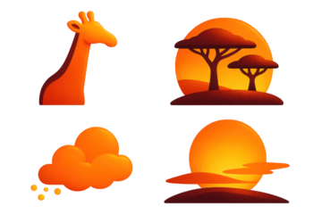 Savannah Sunset Icons. 3D icon set of sunset on the savannah: giraffe silhouette, orange sky, acacia trees, dust trail, setting