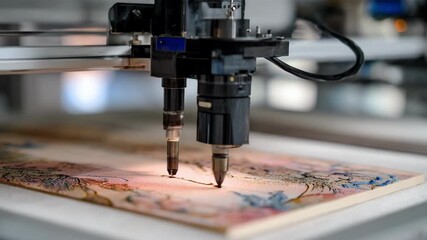 Closeup medium shot of art print quality being monitored by biosensors highlighting precise color accuracy and organic material responsiveness.