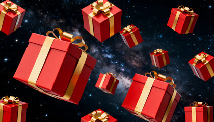 Red and gold presents floating in zero gravity on dark starry background. Sci-fi festive mood.