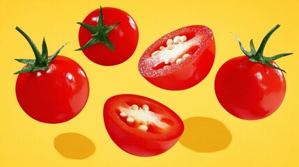 Close up of a tomato with a slice missing. Concept of freshness and vitality, as the tomato is a symbol of health and nutrition