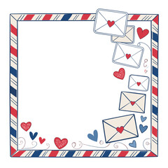 Obraz premium Letter-themed frame with hearts and envelopes in red, blue, and white colors for romantic occasions with copy space