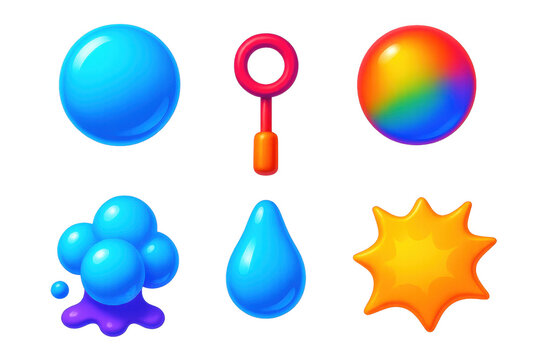 3D Bubble Icons. 3D icon set of bubbles: soap bubble, iridescent sphere, bubble wand, foam cluster, droplet splash, bubble pop. A