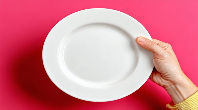 Hand holding a white plate with a pink background. The plate is empty and the hand is holding it up