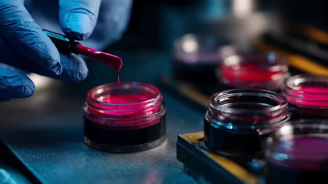 Closeup medium shot of a technician preparing vivid ink with rich color saturation emphasizing boldness and visual impact.