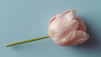 Delicate pink tulip blossom on a serene blue background for a spring design