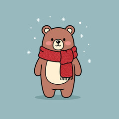 Cute cartoon bear wearing a knitted red scarf standing in a winter scene with snowflakes