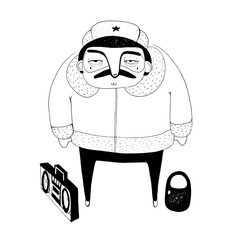 Unique character with a boombox and bag brings life to street art scene in urban setting