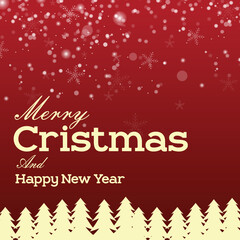 Merry Christmas and Happy New Year vector background with falling snow and pine tree silhouettes.