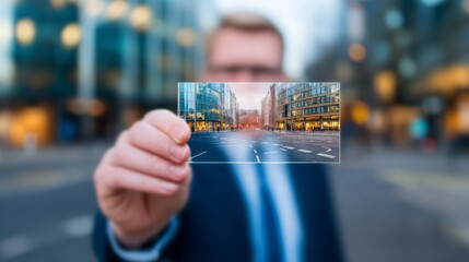 A businessman holding a transparent smart-glass card showing a sharp view of a modern city street, symbolizing innovation, technology, and future business solutions