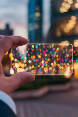 A hand holding a futuristic transparent smartphone against vibrant colorful bokeh lights of the city at dusk, representing modern technology and digital creativity