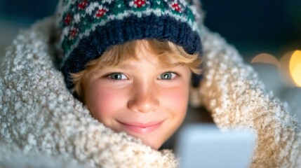 A smiling child wrapped in a soft winter blanket, wearing a cozy knitted hat while looking at a glowing smartphone screen. Warm evening lighting creates a comforting holiday atmosphere