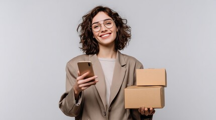 Smiling woman using smartphone for successful online shopping and delivery