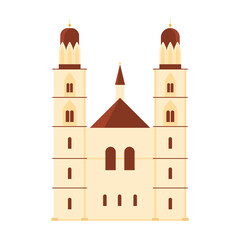 Minimalist isolated Zurich cathedral building with twin towers and Swiss architecture vector illustration