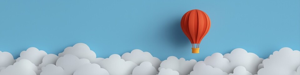 Fototapeta premium Red hot air balloon soaring above fluffy white clouds against blue sky