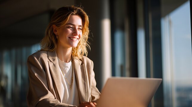 Smiling businesswoman using laptop in modern office with confident, positive vibe