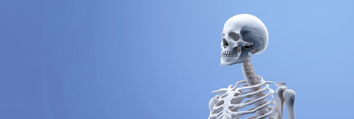 Human skeleton on blue background: anatomical study of skeletal structure