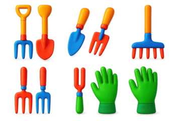 Vibrant Composting Tools Icons. 3D icon set of composting tools: pitchforks, shovels, trowels, rakes, aeration forks, gloves. A