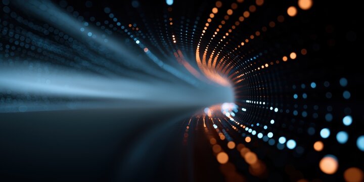 Abstract light tunnel with dynamic glowing dots in blue and orange