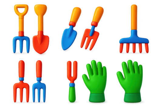 Vibrant Composting Tools Icons. 3D icon set of composting tools: pitchforks, shovels, trowels, rakes, aeration forks, gloves. A