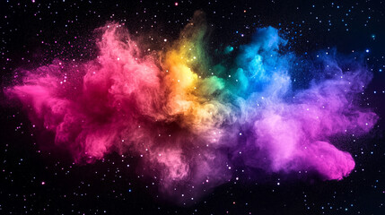 Idea exploding into vibrant rainbow dust with particles scattering in dynamic motion representing creativity, imagination, inspiration, innovation, and colorful abstract digital visualization