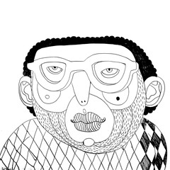 Creative portrait of a unique character with glasses and interesting facial features in a whimsical style