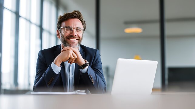 Confident businessman smiles after closing successful deal in bright office space
